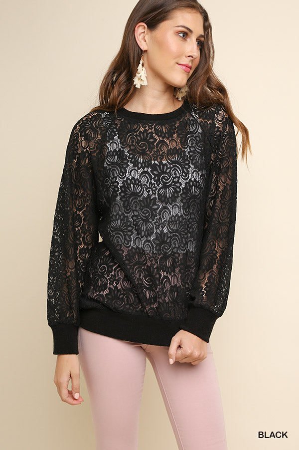 BLK SHEER FLORAL LACE LONG SLV