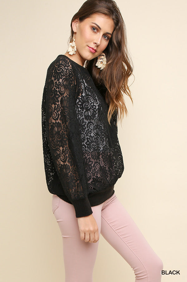 BLK SHEER FLORAL LACE LONG SLV