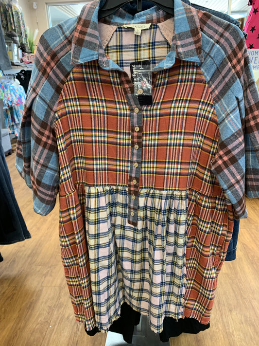 6999 SMALL SS MIXED PLAID TUNIC TOP