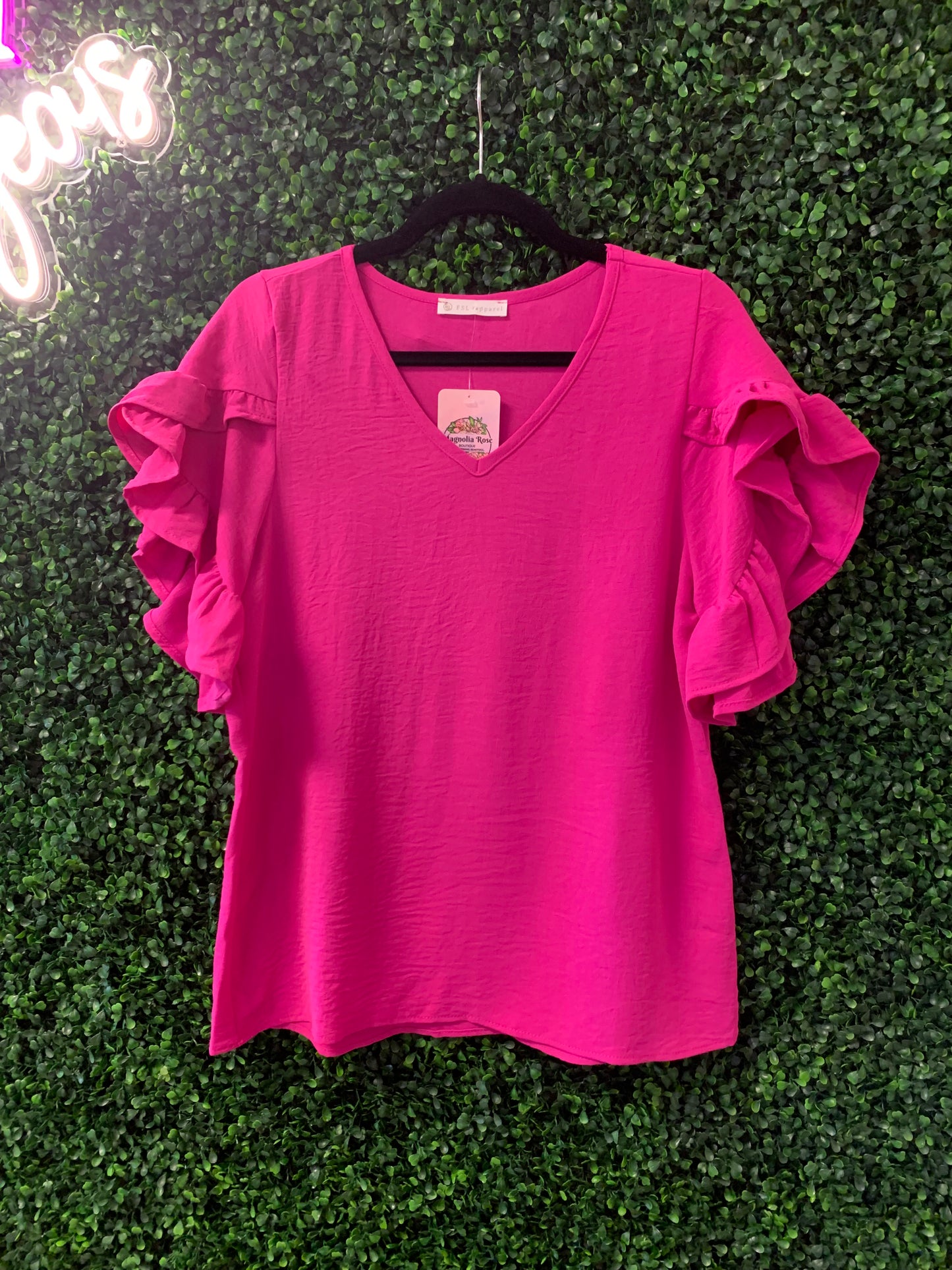 VNECK RUFFLE SLEEVE IN HOT PINK