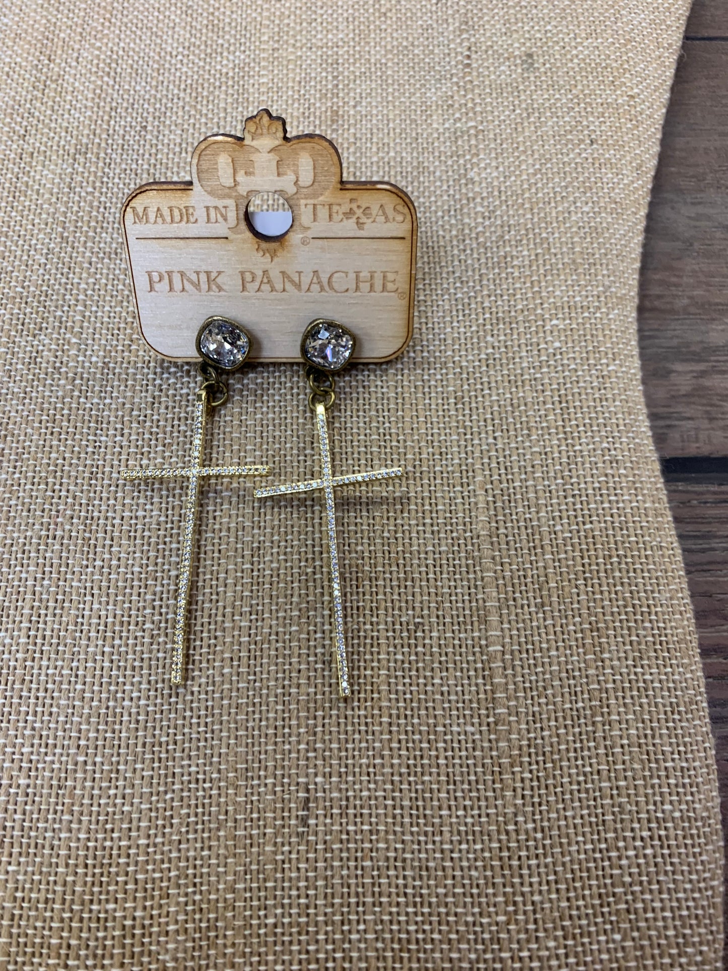 PINK PANACHE GOLD RHINESTONE CROSS W/CRYSTAL DROP