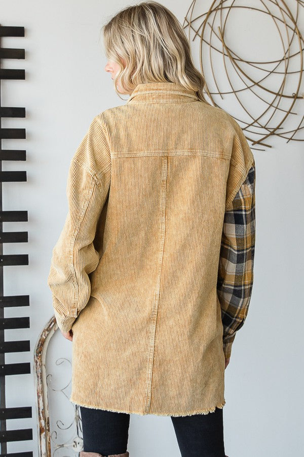 Mineral washed mix and match plaid detail corduroy shacket